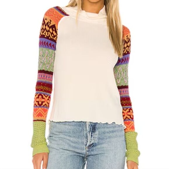 Free People Prism Thermal Top Colorful Patterned Sleeve Sweater - Picture 1 of 15